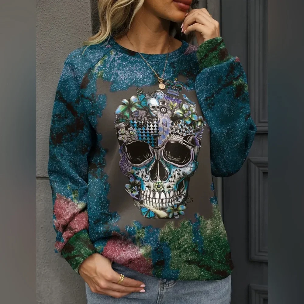 NWOT Plus Size Women’s Long Sleeve Lightweight Halloween Sugar Skull Sweatshirt - Picture 5 of 15